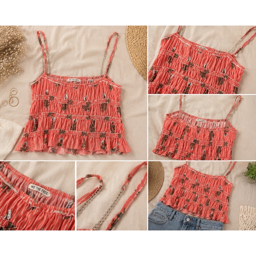 We The Free Free People Smocked Crop Top Coral Floral Stripe Camisole Large